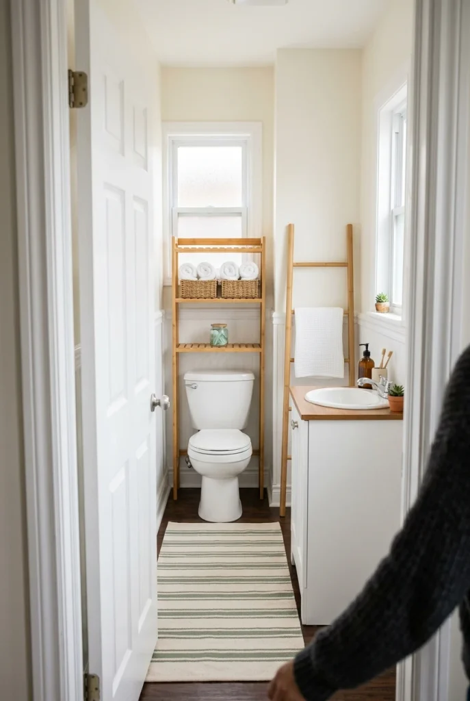 Small boho bathroom with over-the-toilet bamboo shelf, ladder towel rack, and narrow cotton runner