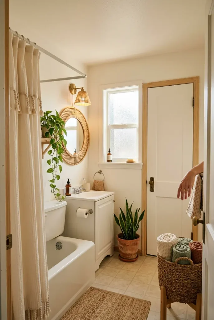 Small boho bathroom with rattan mirror, tassel shower curtain, and trailing pothos in warm light
