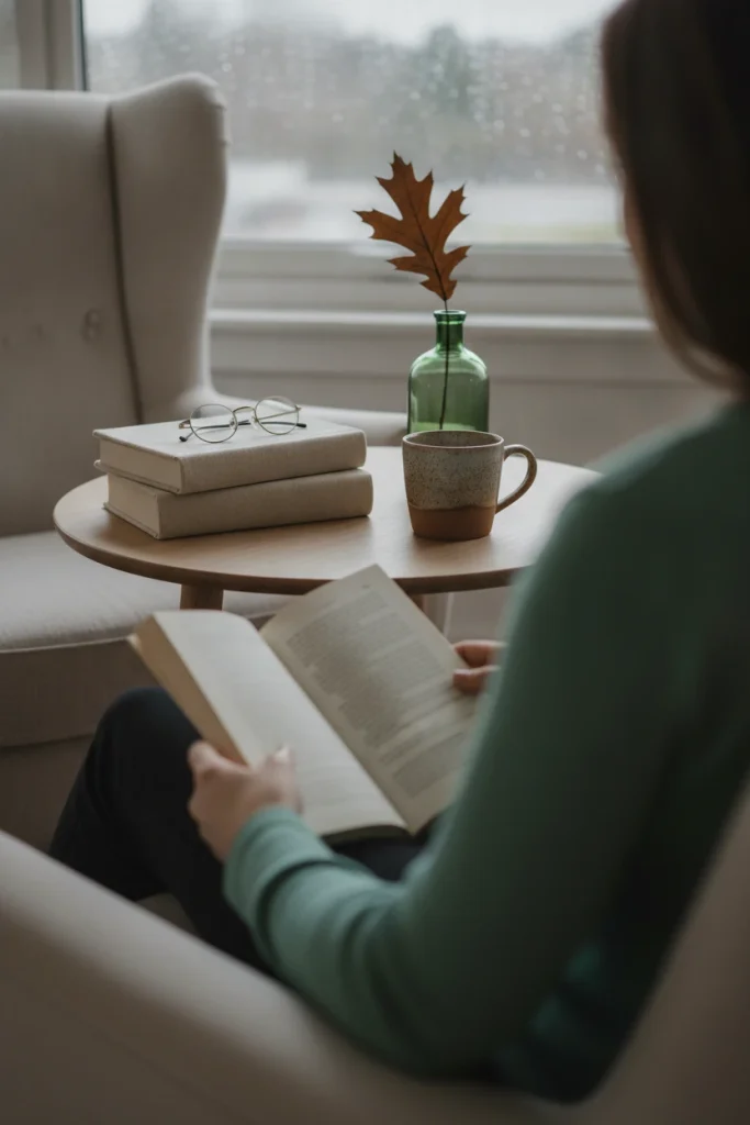 Small coffee table beside an armchair with books, a mug, and a green bud vase in a fall reading corner
