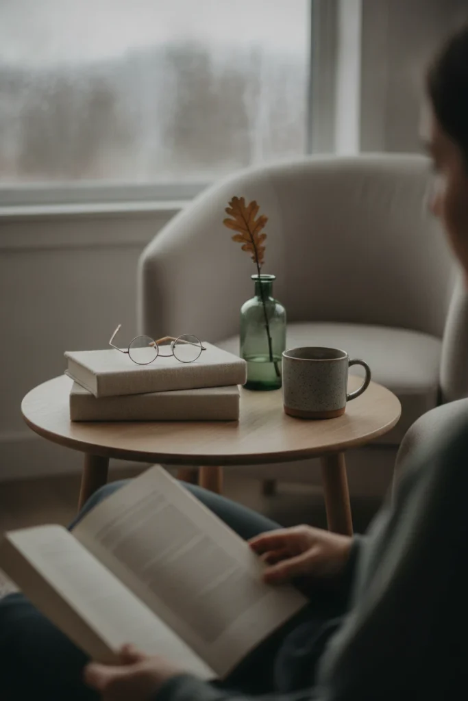 Small coffee table beside an armchair with books, a mug, and a green bud vase in a fall reading corner