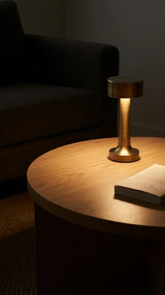Small cordless lamp glowing warm on the corner of a coffee table at night