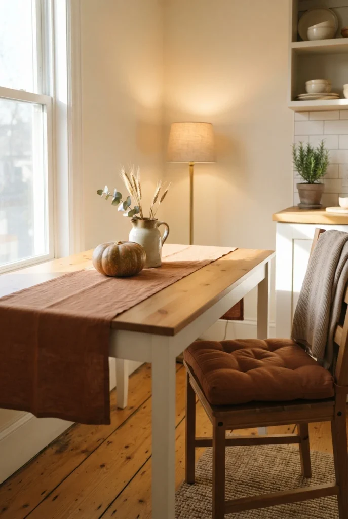 Small eat-in kitchen corner with fall linens, a lamp and morning light