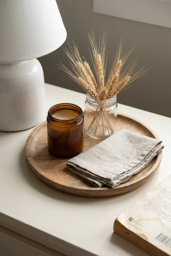 Small fall decor tray with candle, dried wheat and linen on an apartment nightstand.