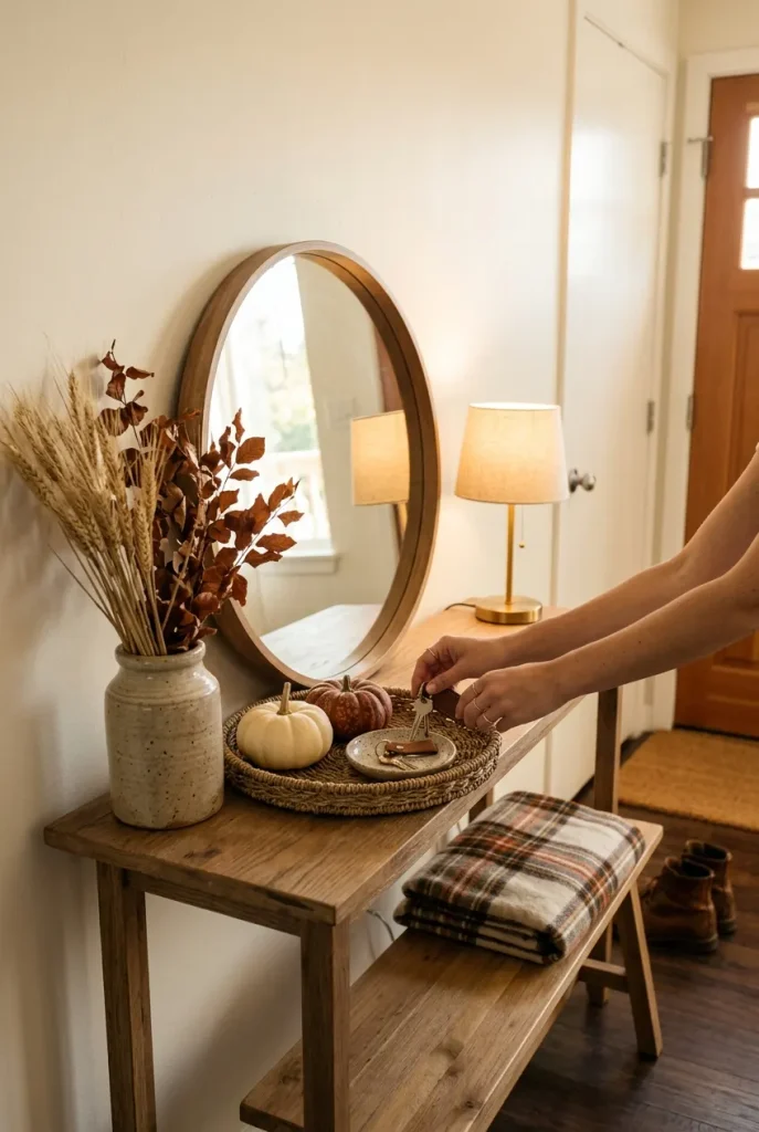Small fall entryway decor with a slim console, leaning mirror, pumpkins on a tray, and a warm lamp glowing