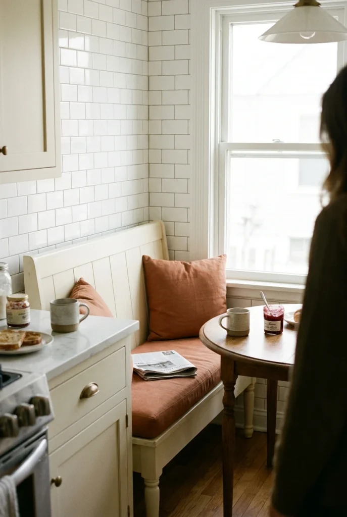 Small kitchen banquette bench under a window with a round breakfast table