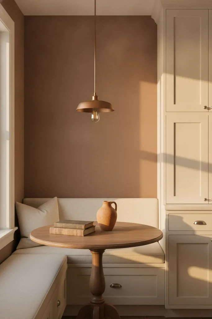 Small kitchen breakfast nook corner painted a deeper clay shade than the rest of the room.