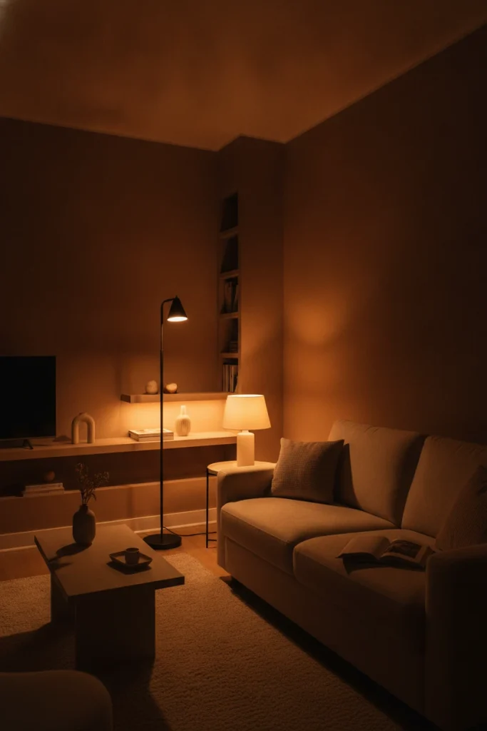 Small living room lit by three warm lamps instead of a ceiling light.