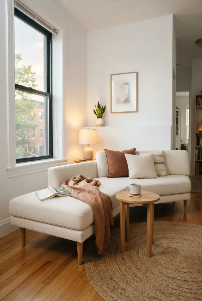 Small modern apartment living corner with leg-raised sofa and clear floor space