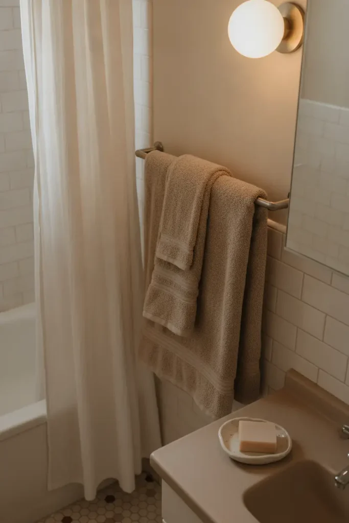 Small rental bathroom warmed with matching towels and a fabric curtain.