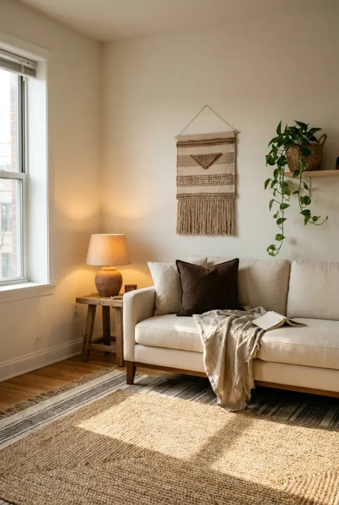 Small rented boho living room with layered jute rug, clay cushions and a warm lamp at golden hour.