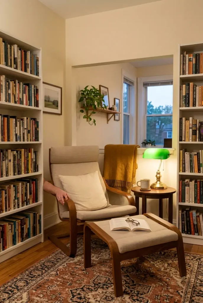 Small renter library reading nook with two white bookcases, armchair, ottoman, and green banker's lamp at dusk