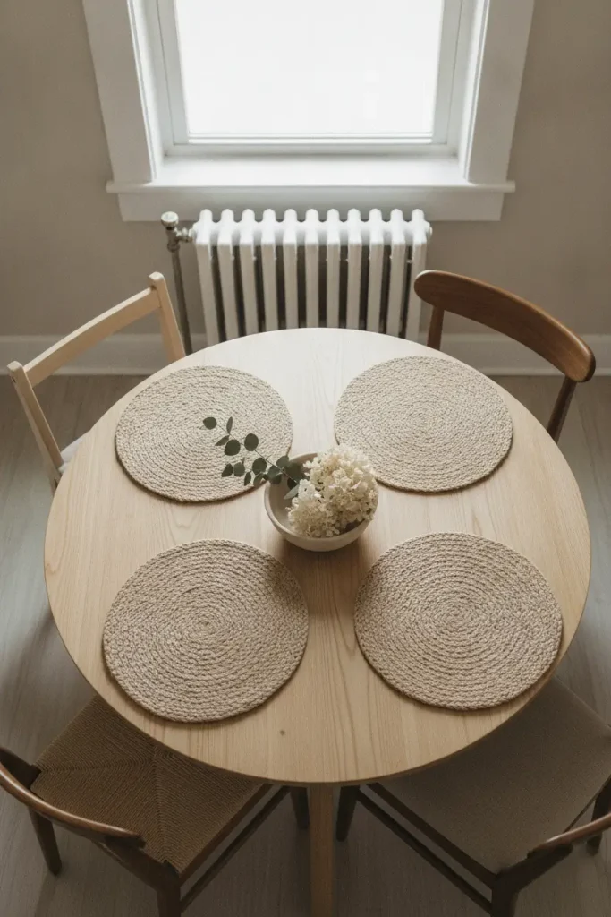 Small round apartment table set for fall with one round centerpiece and placemats.