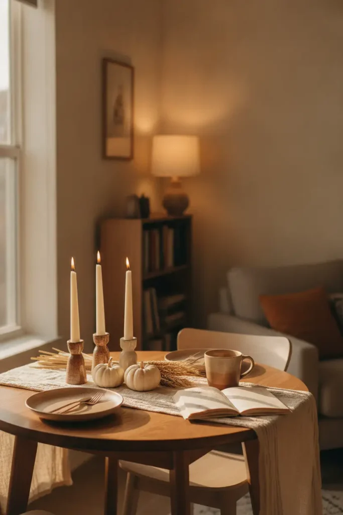 Small round apartment table with fall table decor, taper candles and white pumpkins.