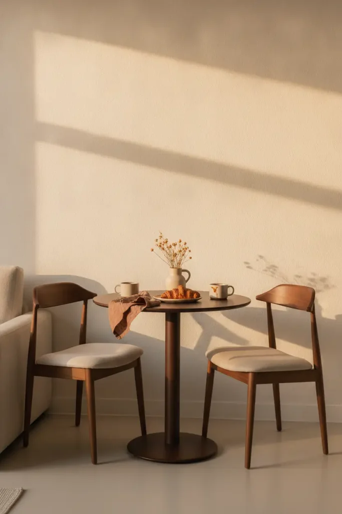 Small round table and two chairs forming a dining nook for two in a studio apartment corner