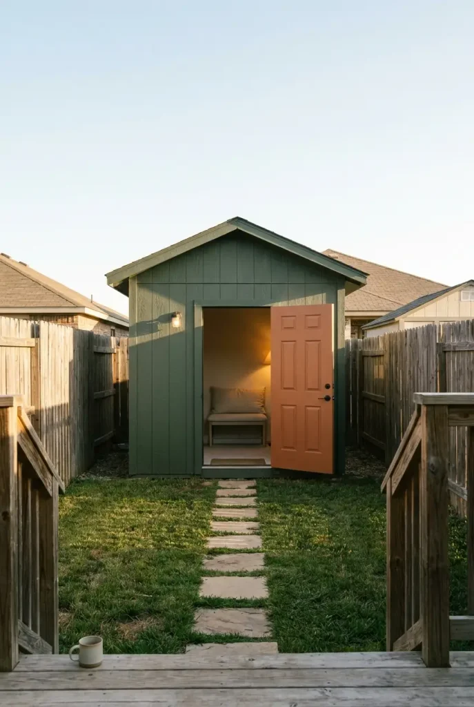 Small sage green she shed with open clay door and glowing lamp at the back of a narrow fenced yard
