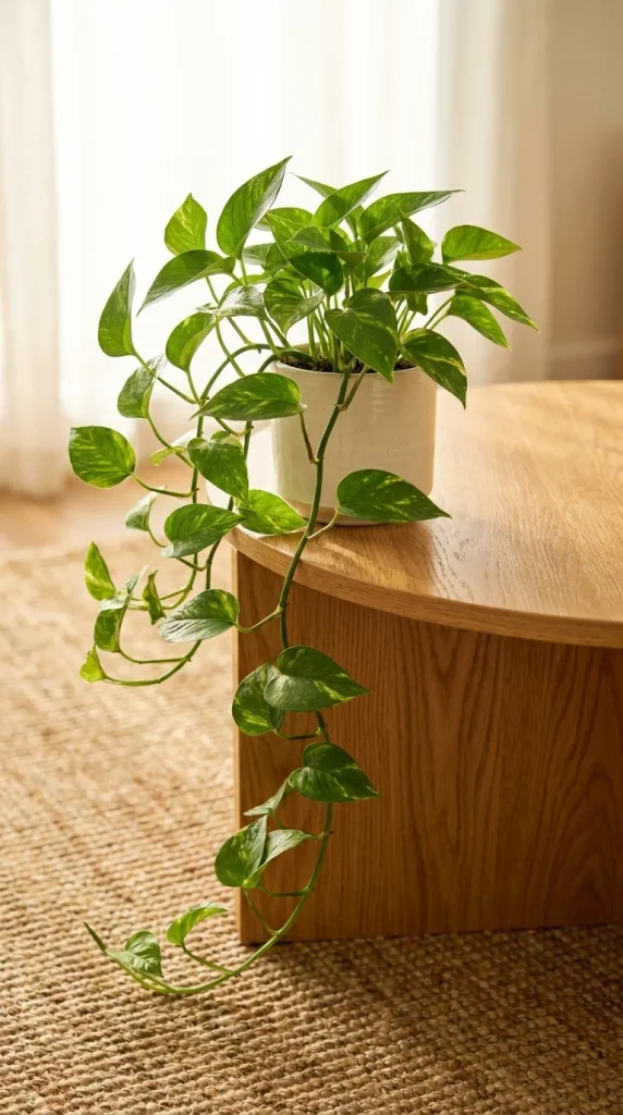 Small trailing pothos in a cream pot on the edge of a wood coffee table