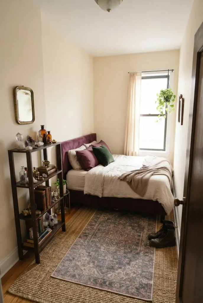 Small whimsigoth bedroom with dark velvet bedding, one tall curio shelf, and a clear floor path