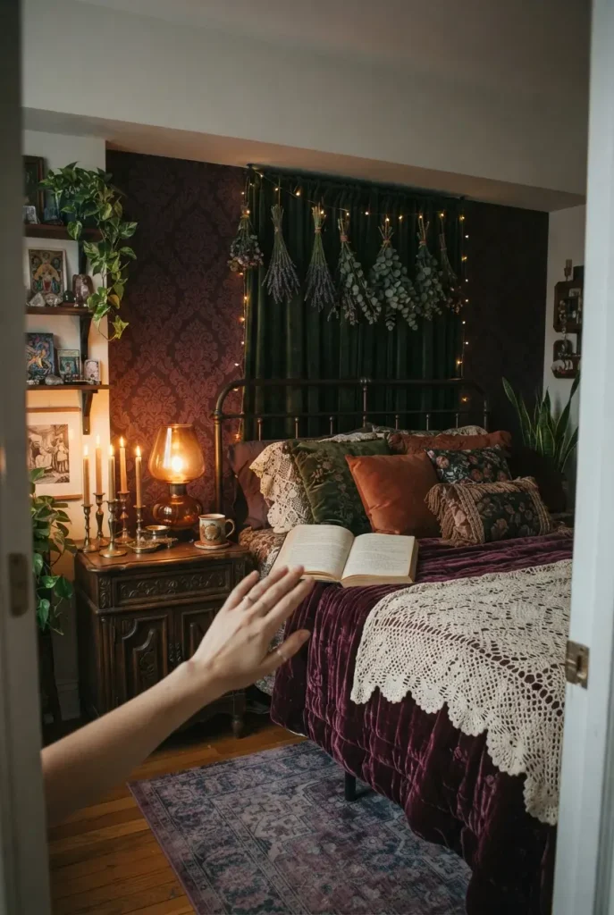 Small whimsigoth bedroom with plum velvet bedding, damask wall, and brass candlesticks glowing at dusk