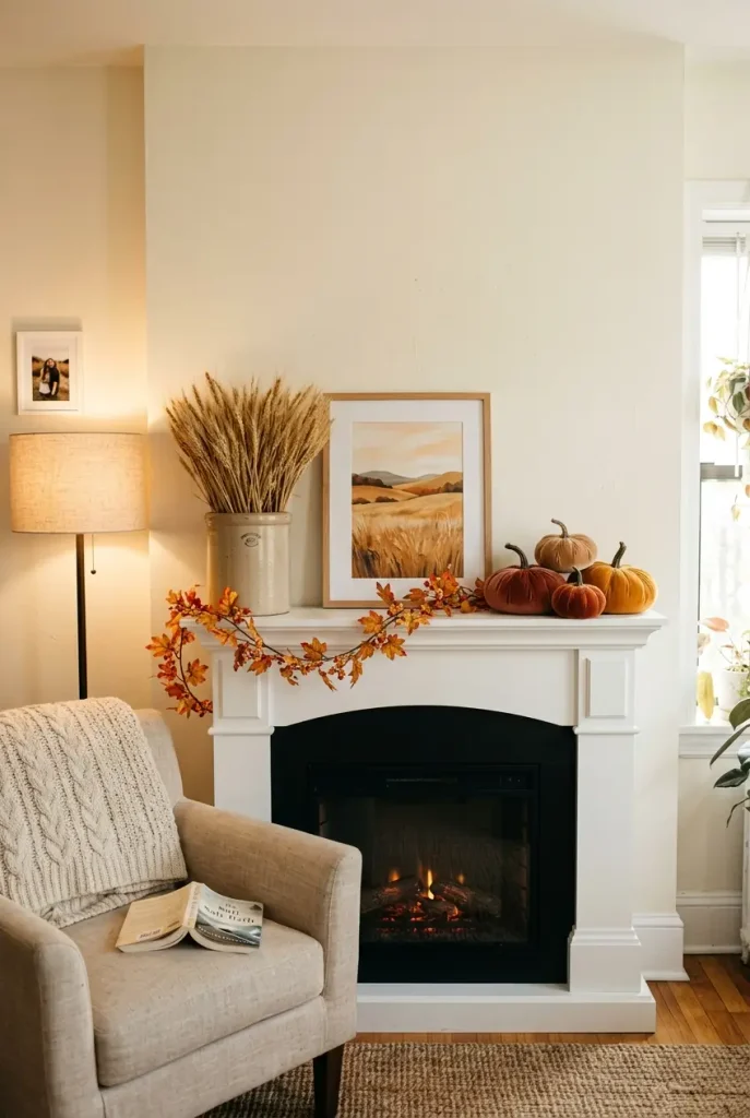 Small white fall mantle decor setup with dried wheat, leaned art, and velvet pumpkins in an apartment living room