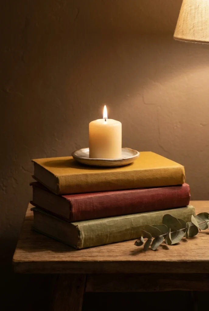 Stack of vintage cloth books topped with a candle as small space fall decor.