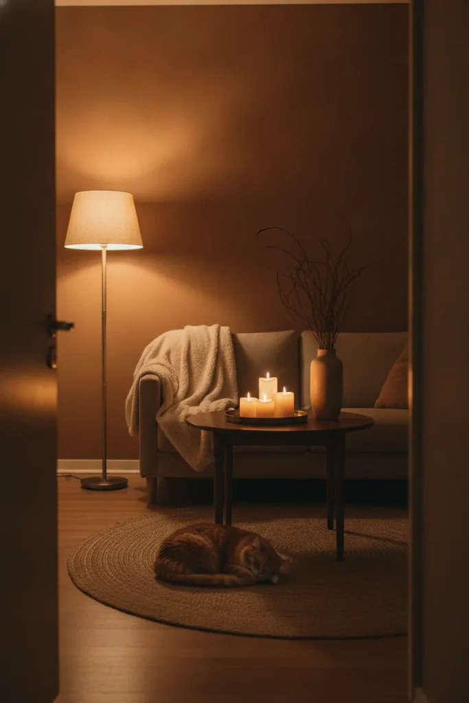 Studio apartment at night with flameless candles on a tray and dried branches kept apart on the coffee table