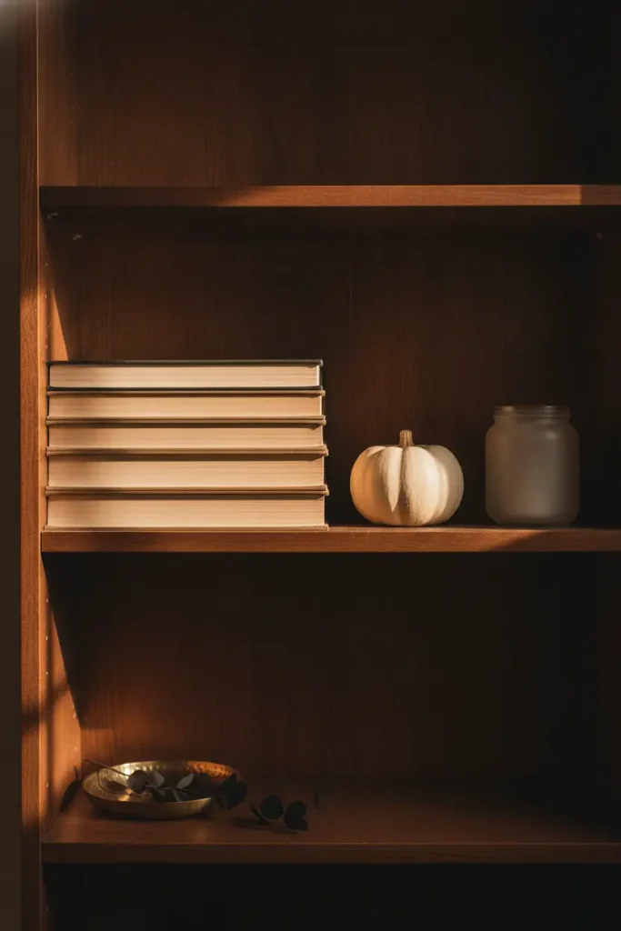 Styled bookshelf with painted pumpkin and jar lantern for halloween ideas for small spaces.