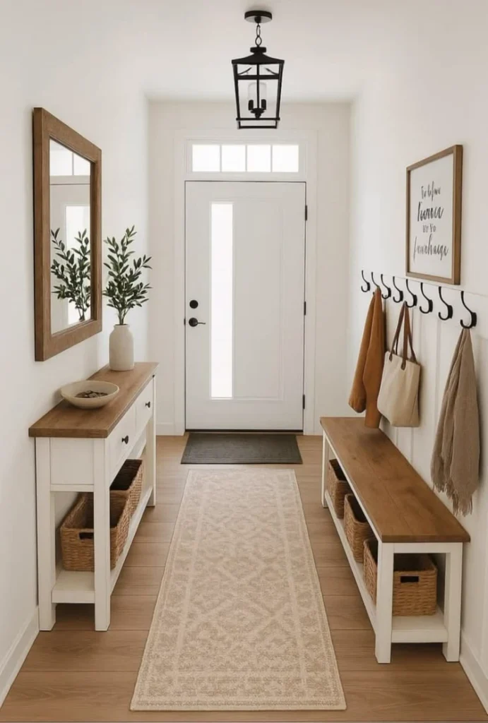 Symmetrical farmhouse-style entryway with a wood-and-white console table and matching bench, both with woven storage baskets, a black lantern pendant light, wall hooks with jackets and a tote, a wood-framed mirror, and a patterned runner rug leading to the front door.