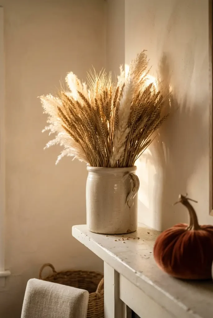 Tall stoneware crock of dried wheat and pampas at the end of a small fall mantel