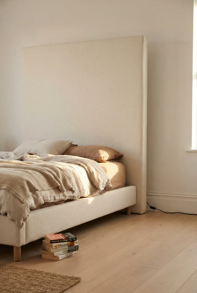 Tall upholstered panel leaning behind a platform bed as a no-drill renter headboard.