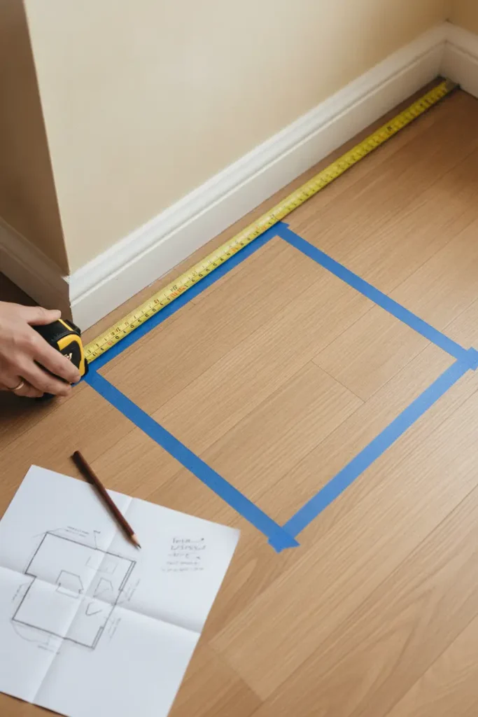 Tape measure and painter's tape marking a 5-foot square in a kitchen corner for a dining nook