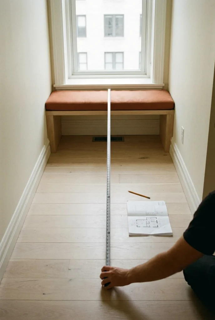 Tape measure checking floor clearance in front of a built in window seat
