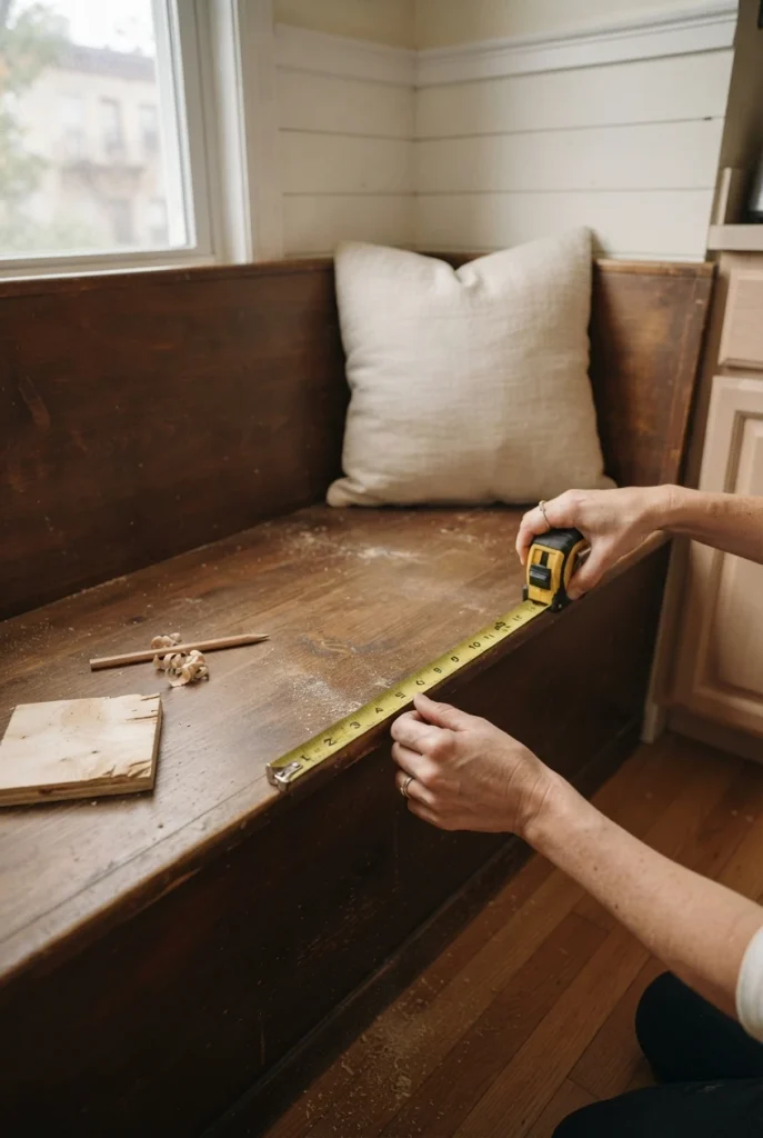 Tape measure checking the seat height of a small kitchen breakfast nook bench.