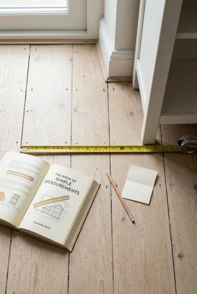 Tape measure on the floor beside a bookcase base, measuring shelf depth
