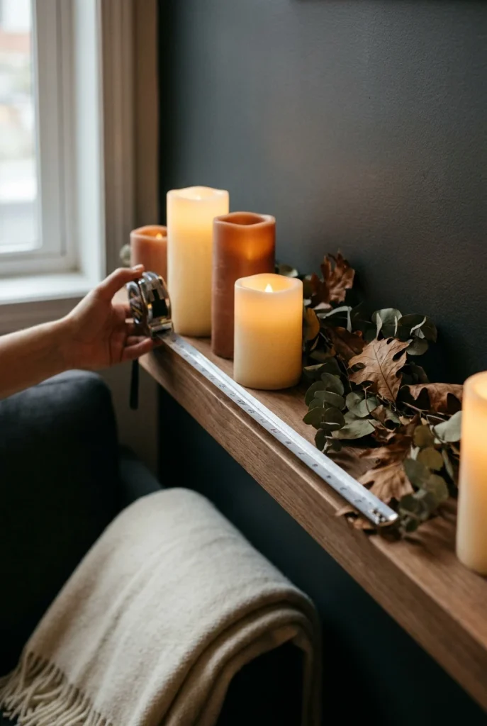 Tape measure showing clearance between flameless candles and a dried fall garland.