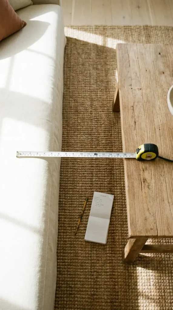 Tape measure showing the gap between a sofa and a low wood coffee table