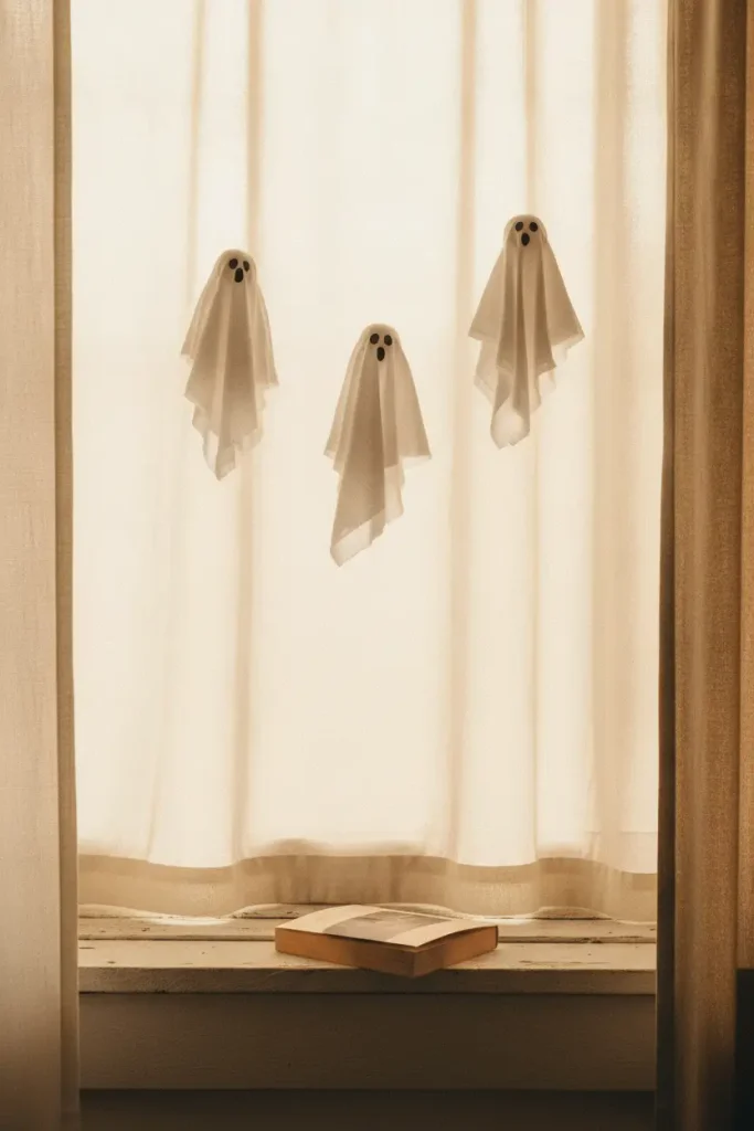 Three cheesecloth ghosts hanging in a small apartment window for DIY halloween decor.