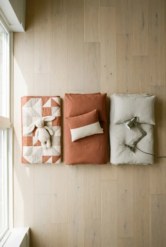 Three folded kids bedding sets for different ages laid out on a wood floor
