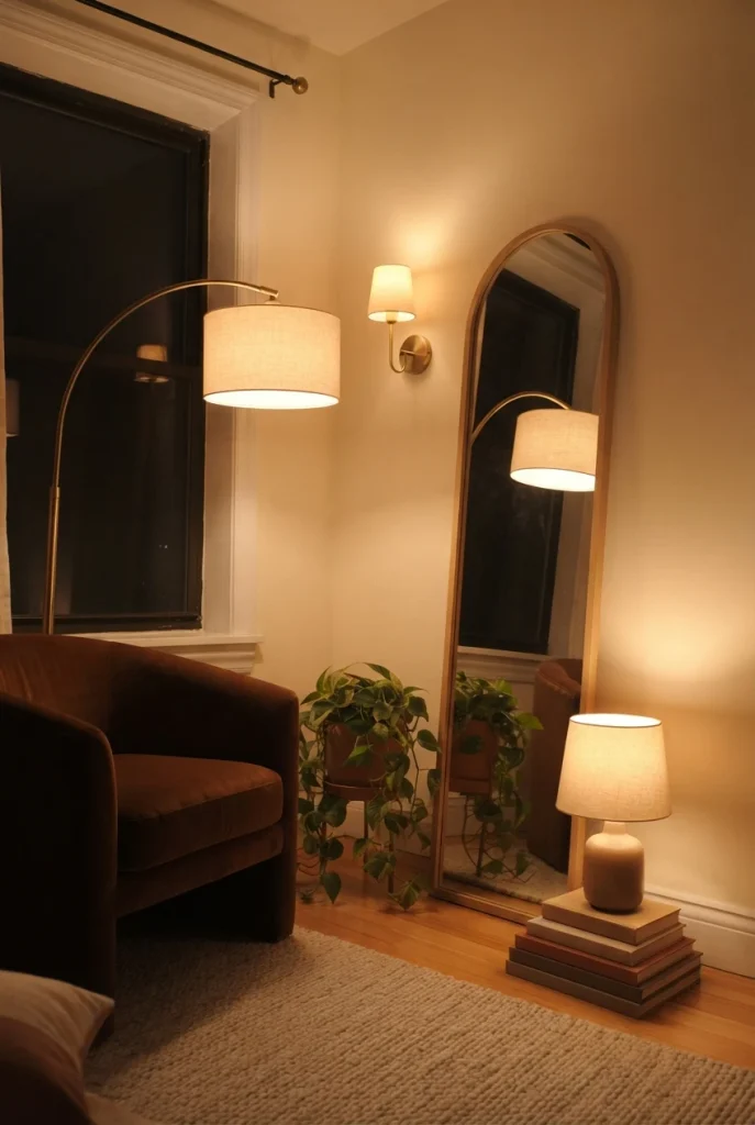 Three lamps matched to one warm color temperature in a small apartment corner