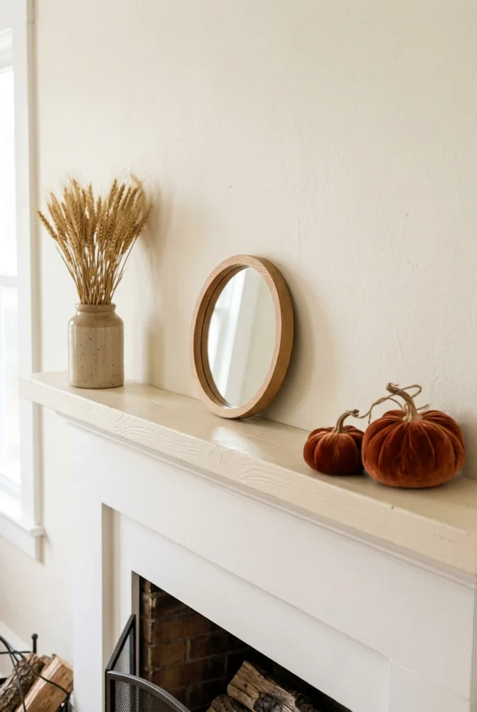 Three-piece fall mantle decor on a shallow mantel with dried wheat, a round mirror, and velvet pumpkins