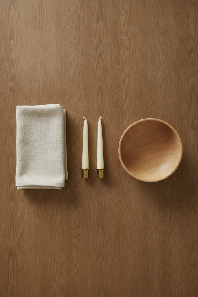 Three pieces for a fall table, runner, taper candles and a wooden bowl.