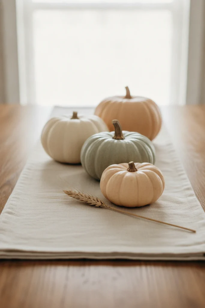 Three pumpkins in graduated sizes on a cream runner for fall table decor.