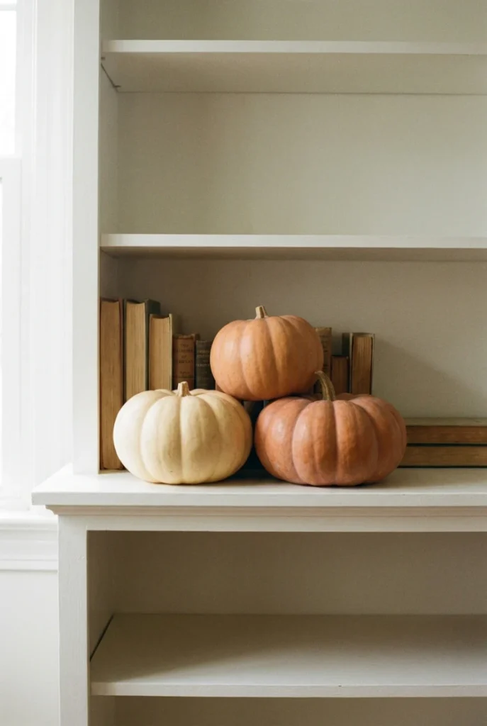 Three uncarved pumpkins grouped on one shelf as small space fall decor.