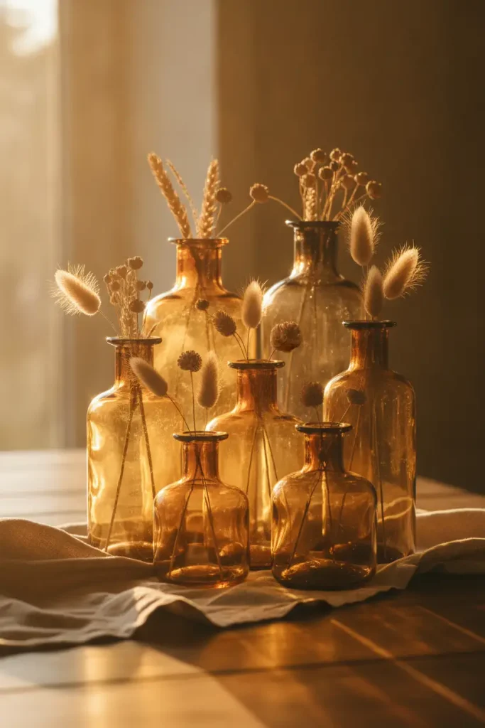 Thrifted amber and brown glass vases with dried stems on a fall table.