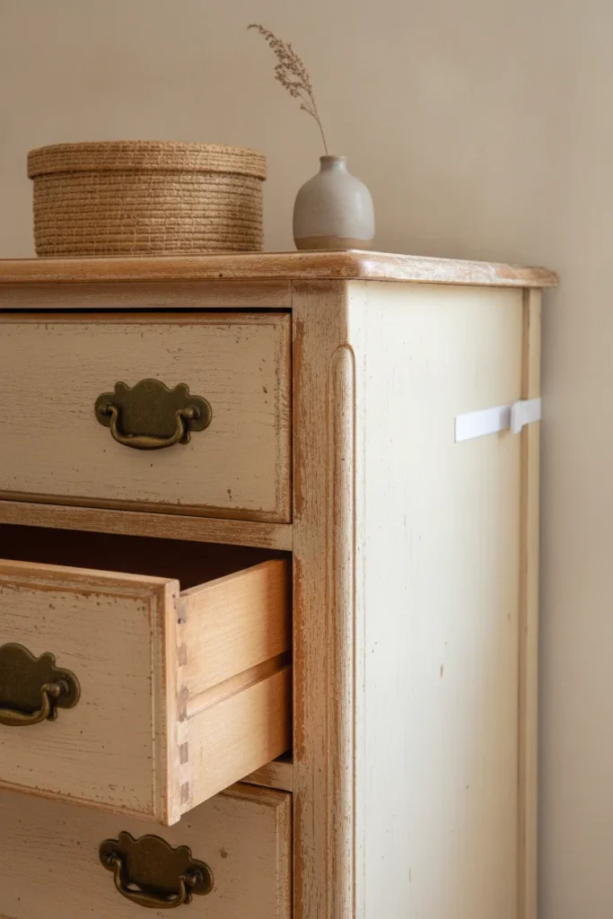 Thrifted chipped cream dresser with brass pulls and a visible anti-tip strap against the wall