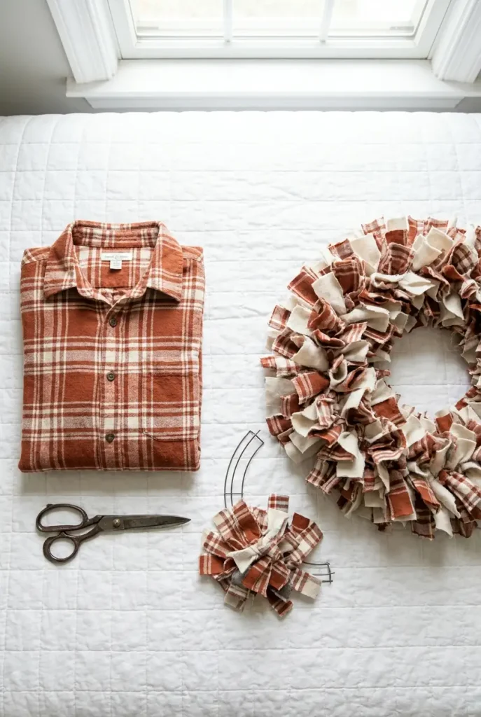 Thrifted flannel shirt beside the finished rag fall wreath it became