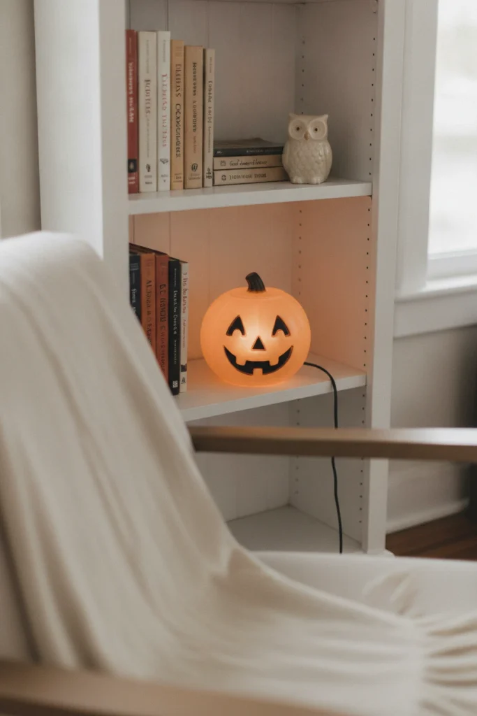Thrifted retro Halloween blow mold pumpkin glowing on a bookshelf between book spines