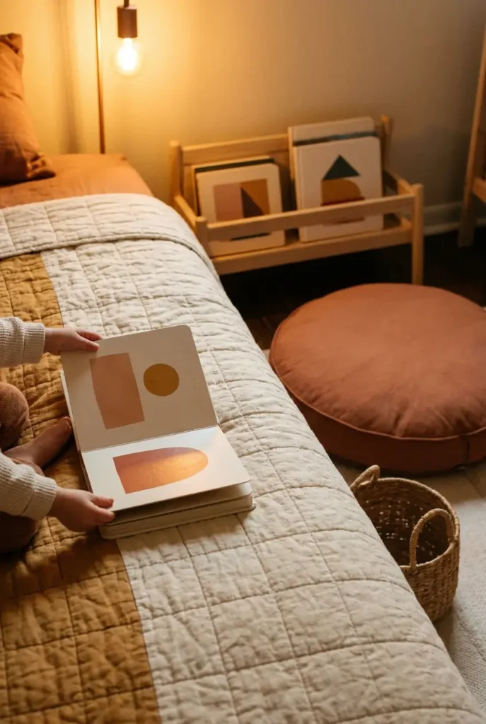 Toddler hands holding a board book beside a low book display next to the bed
