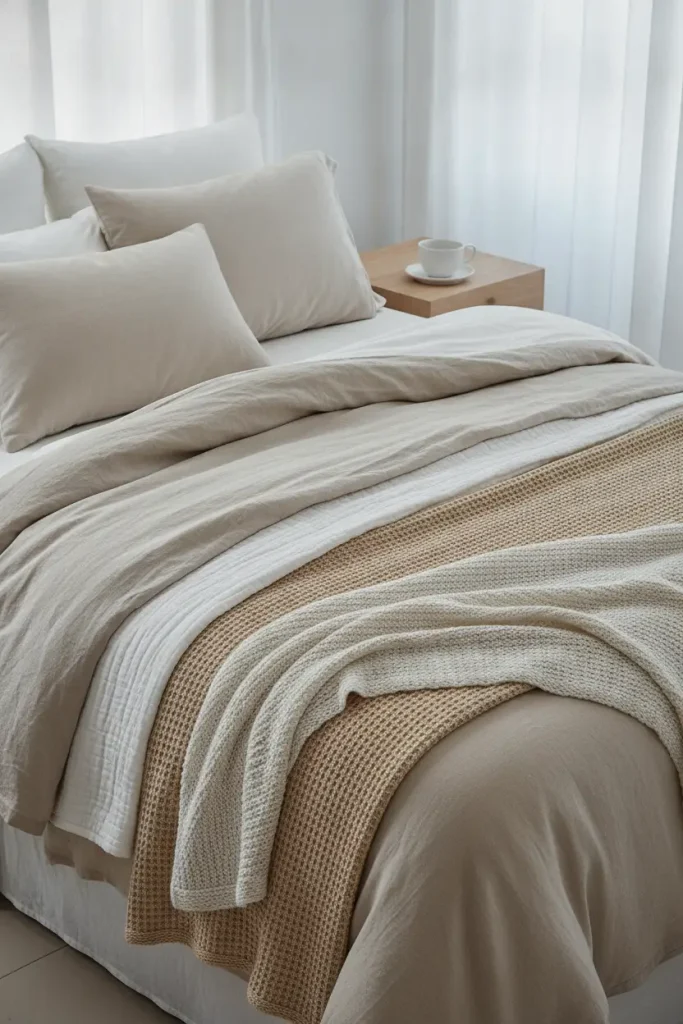 Tonal cream bedding with linen, waffle, knit, gauze, and velvet textures in morning light