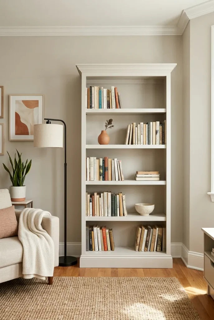 Trimmed bookcase painted the same color as the wall to look built in