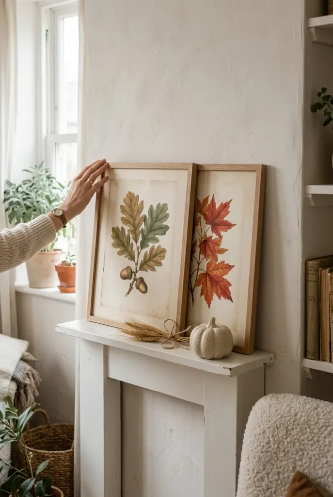Two framed botanical leaf prints leaning on a small mantel as simple fall decor